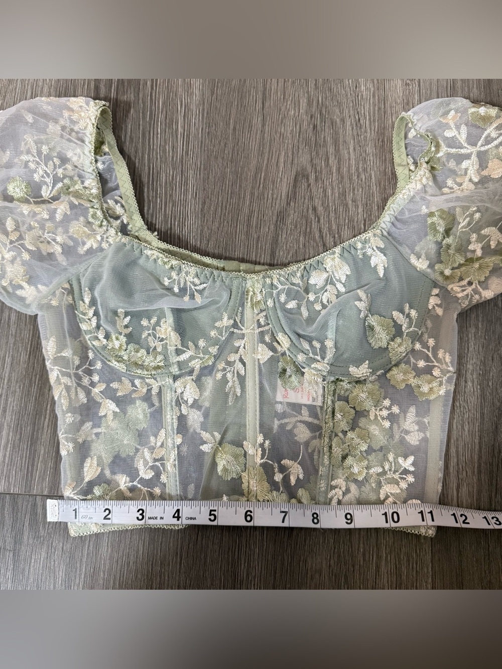 ROMWE Sage Green Floral Puff Sleeve Crop Top Size Small Whimsy Fairy Boho - Picture 9 of 10